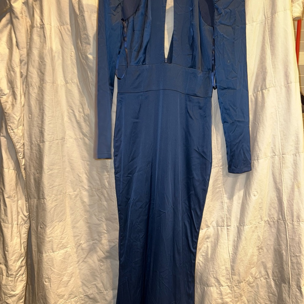 Abyss By Abby Blue Plunge Neck Bodycon Maxi Dress gown